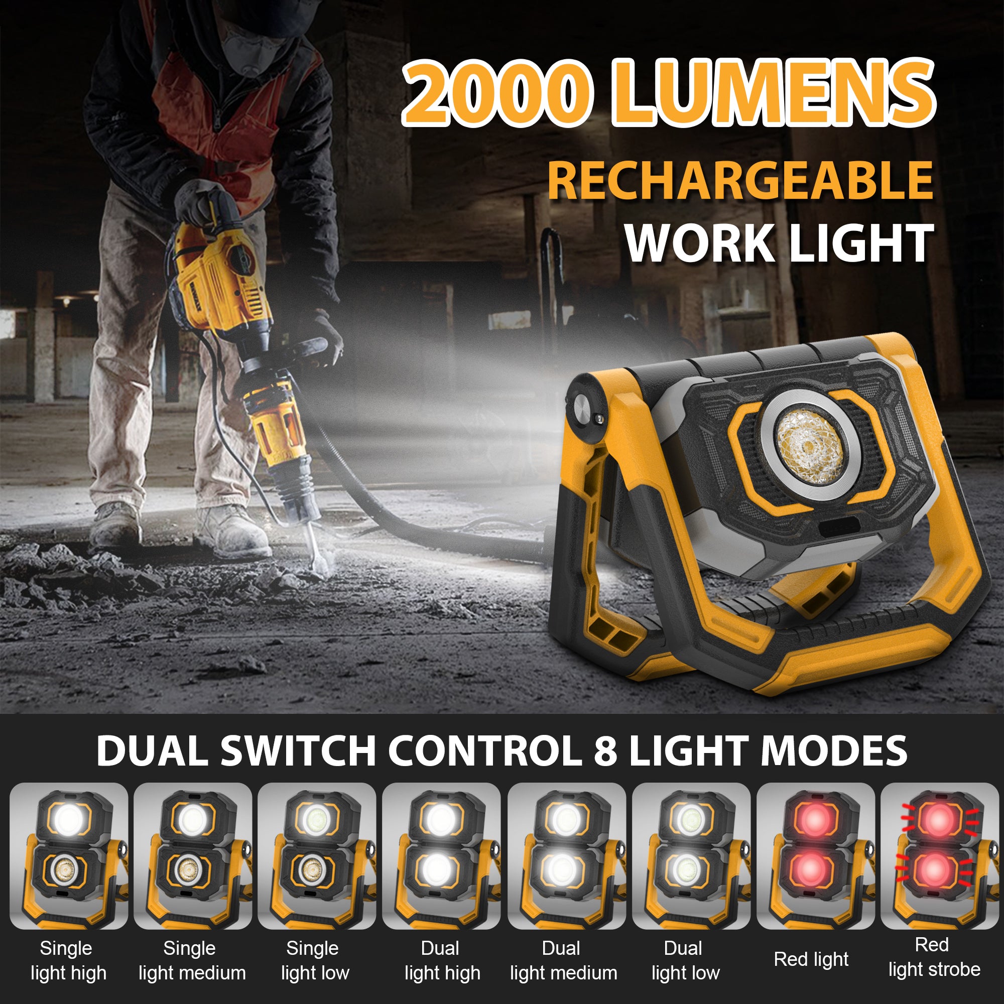 2000LM IP67 2 COB Rechargeable Work Light